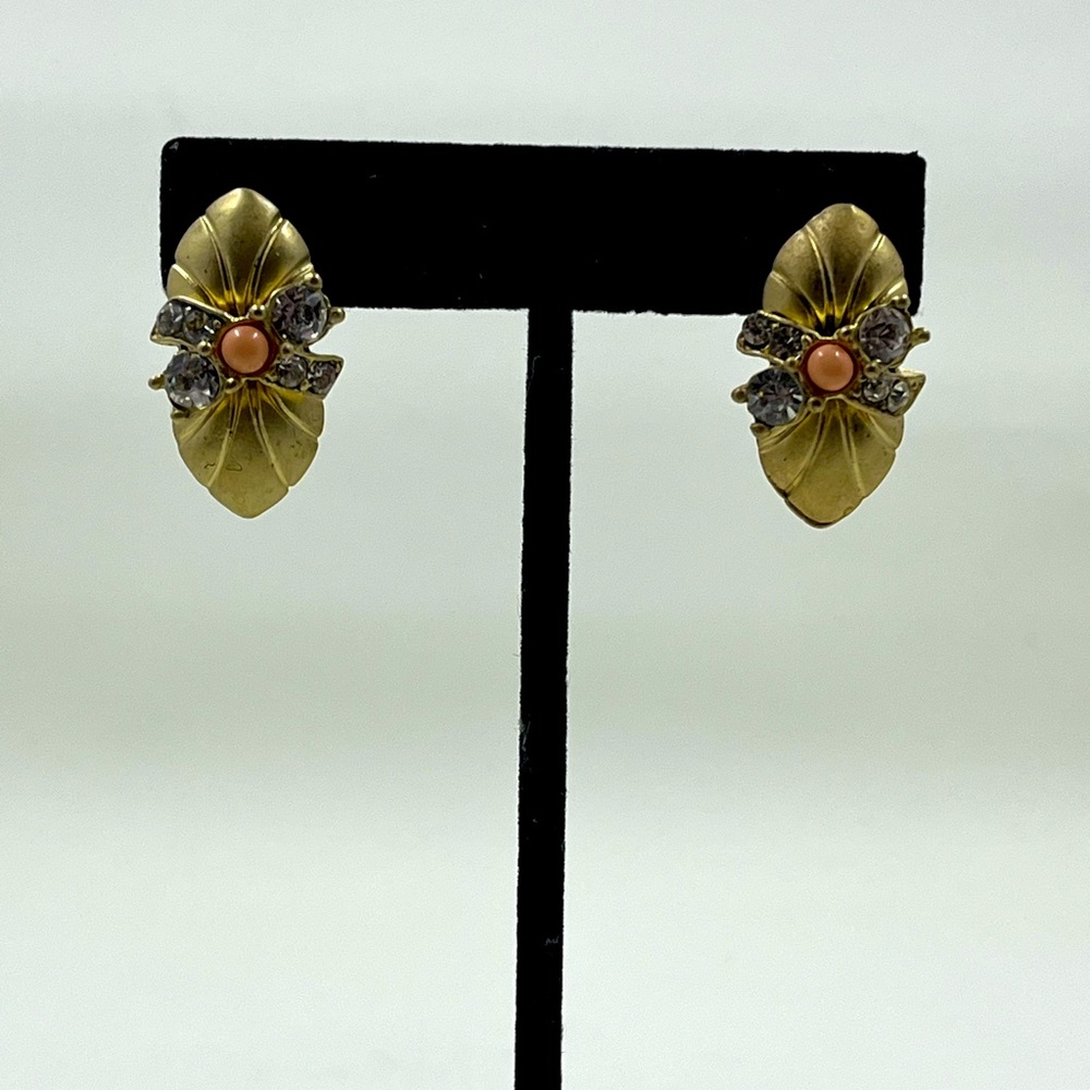 Vintage 1980s Art Deco Gold &  Rhinestone Stud Earrings